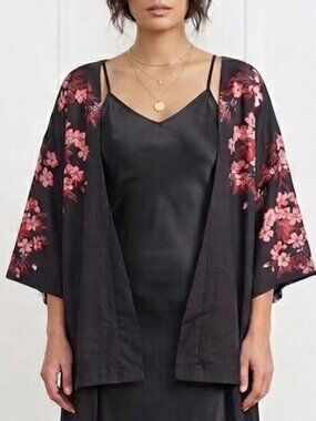 Black Floral and Koi Print Open Front Kimono, Women's XXL